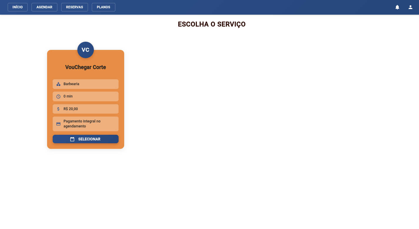 Tela de escolha do serviço