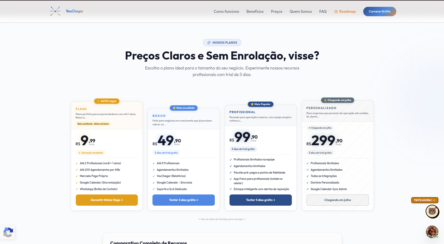 Comparativo dos planos do VouChegar: Flash, Básico, Profissional e Personalizado