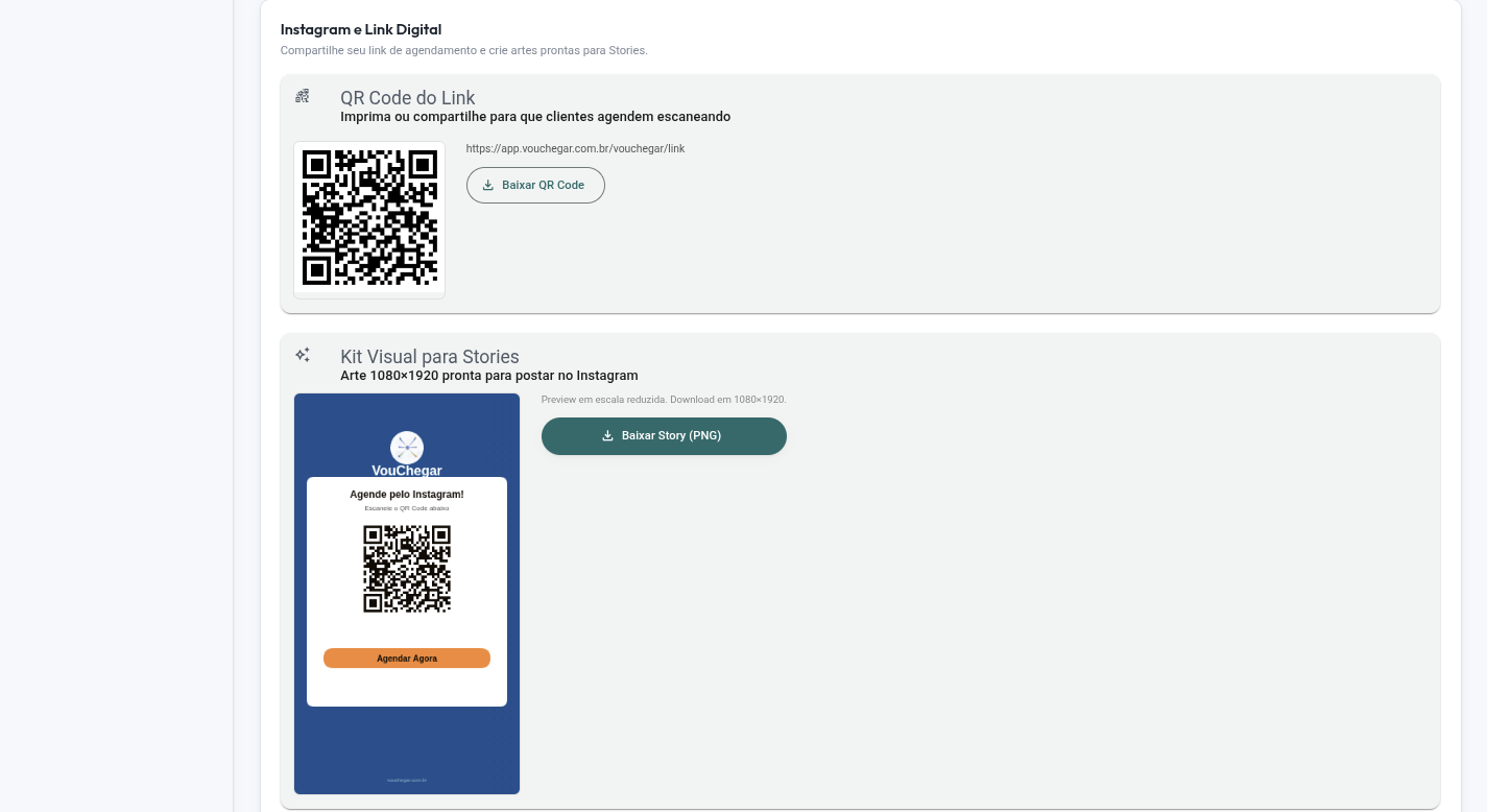Tela de Integrações do Admin VouChegar, com cards de Google Calendar, Mercado Pago e WhatsApp