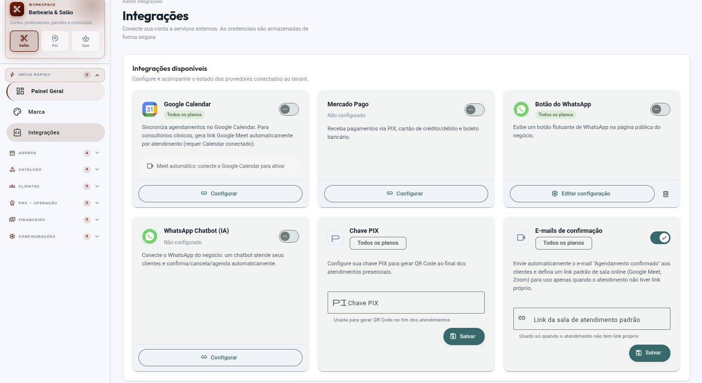 Tela de Integrações do Admin VouChegar, com cards de Google Calendar, Mercado Pago e WhatsApp