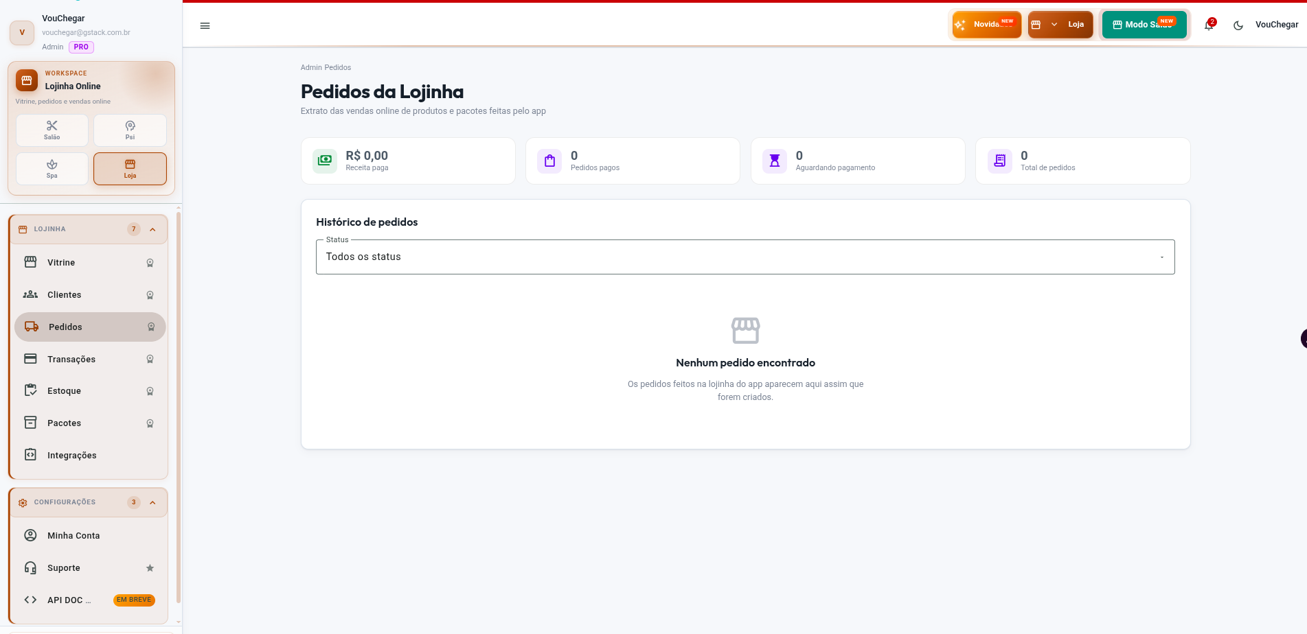 Tela de Pedidos no workspace Lojinha do Admin VouChegar