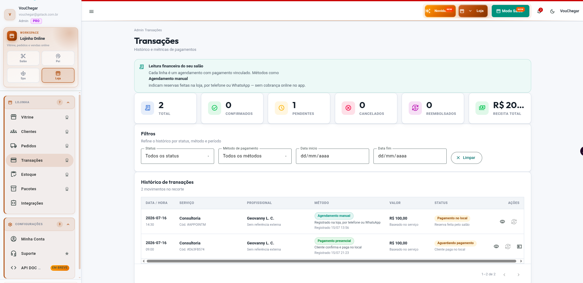 Tela de Transações no workspace Lojinha do Admin VouChegar