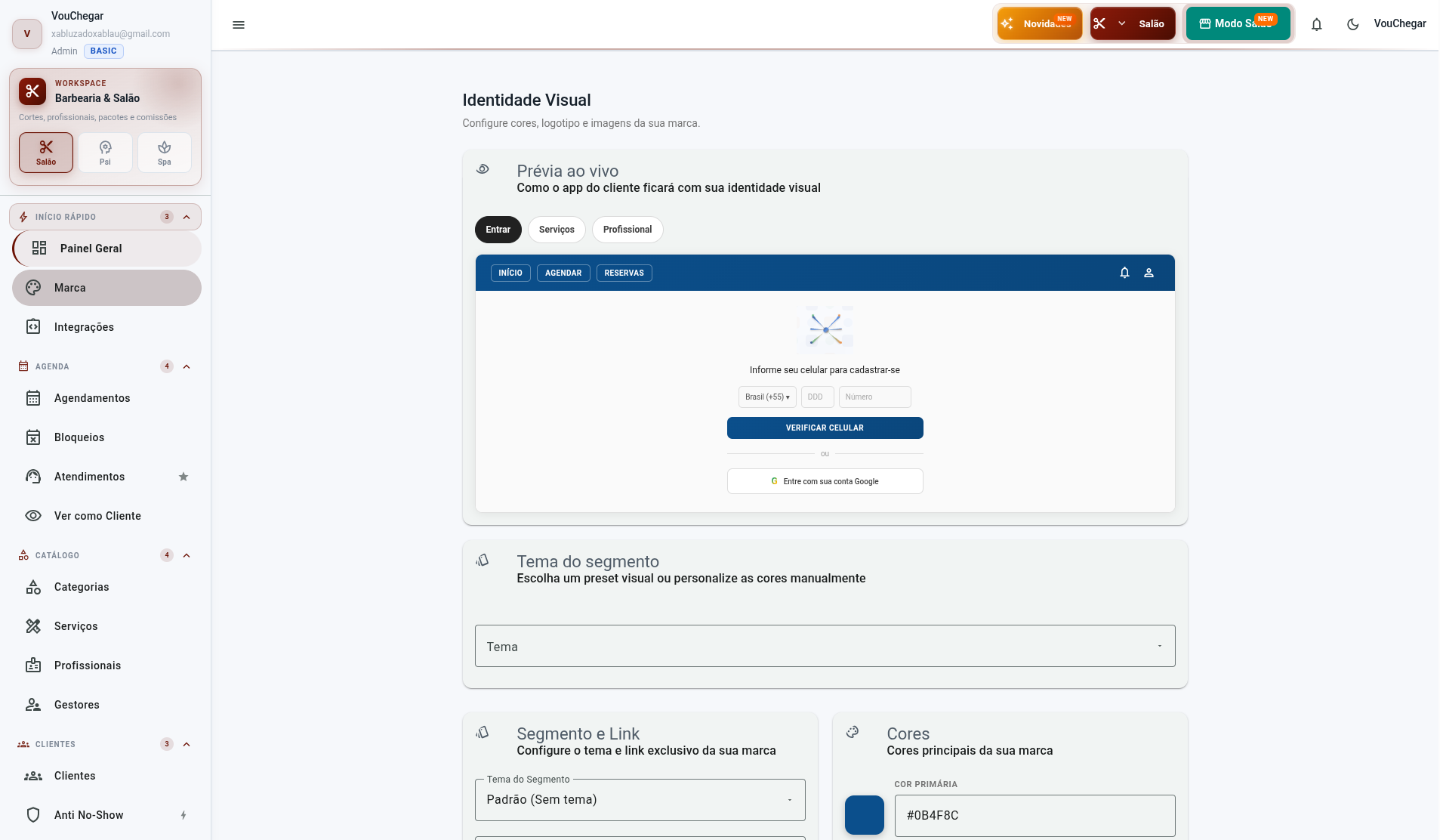 Upload de logo, favicon e capa com preview ao vivo do app do cliente no Admin VouChegar