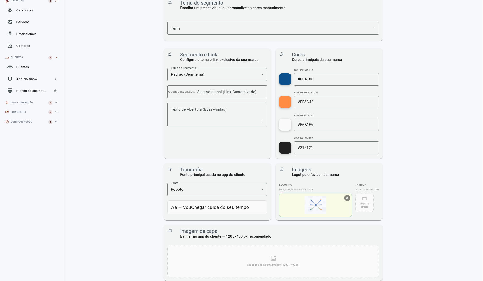 Tela de personalização de cores, fonte e temas prontos no Admin VouChegar