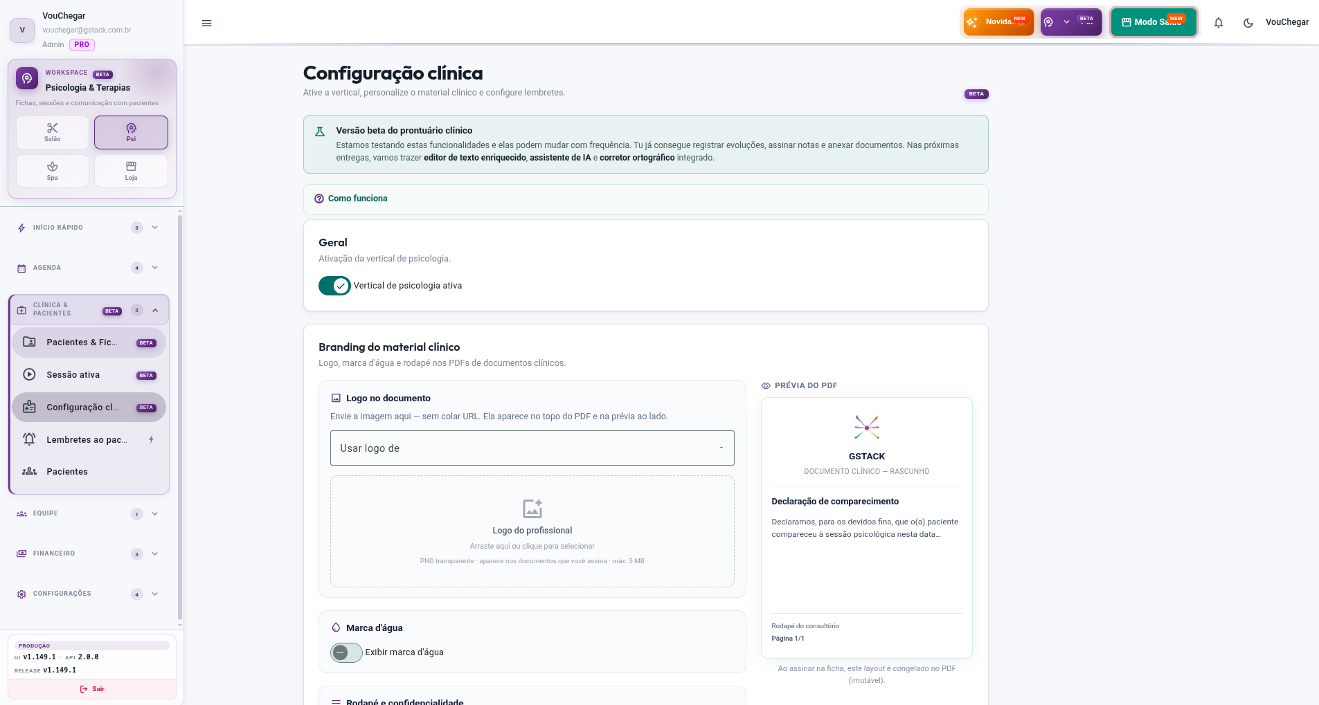 Tela de Configuração clínica no workspace Psicologia & Terapias do Admin VouChegar