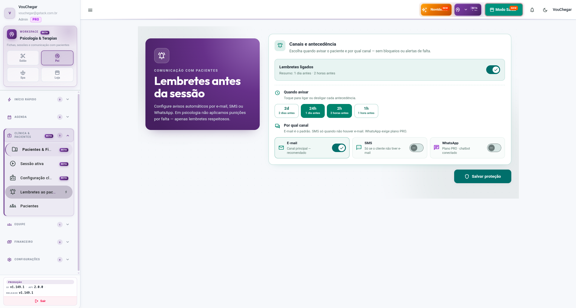 Tela de Lembretes ao paciente no workspace Psicologia & Terapias do Admin VouChegar