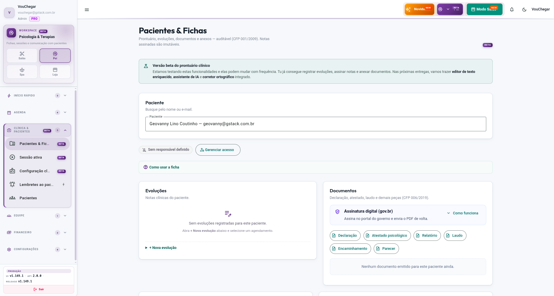 Tela de Pacientes & Fichas no workspace Psicologia & Terapias do Admin VouChegar