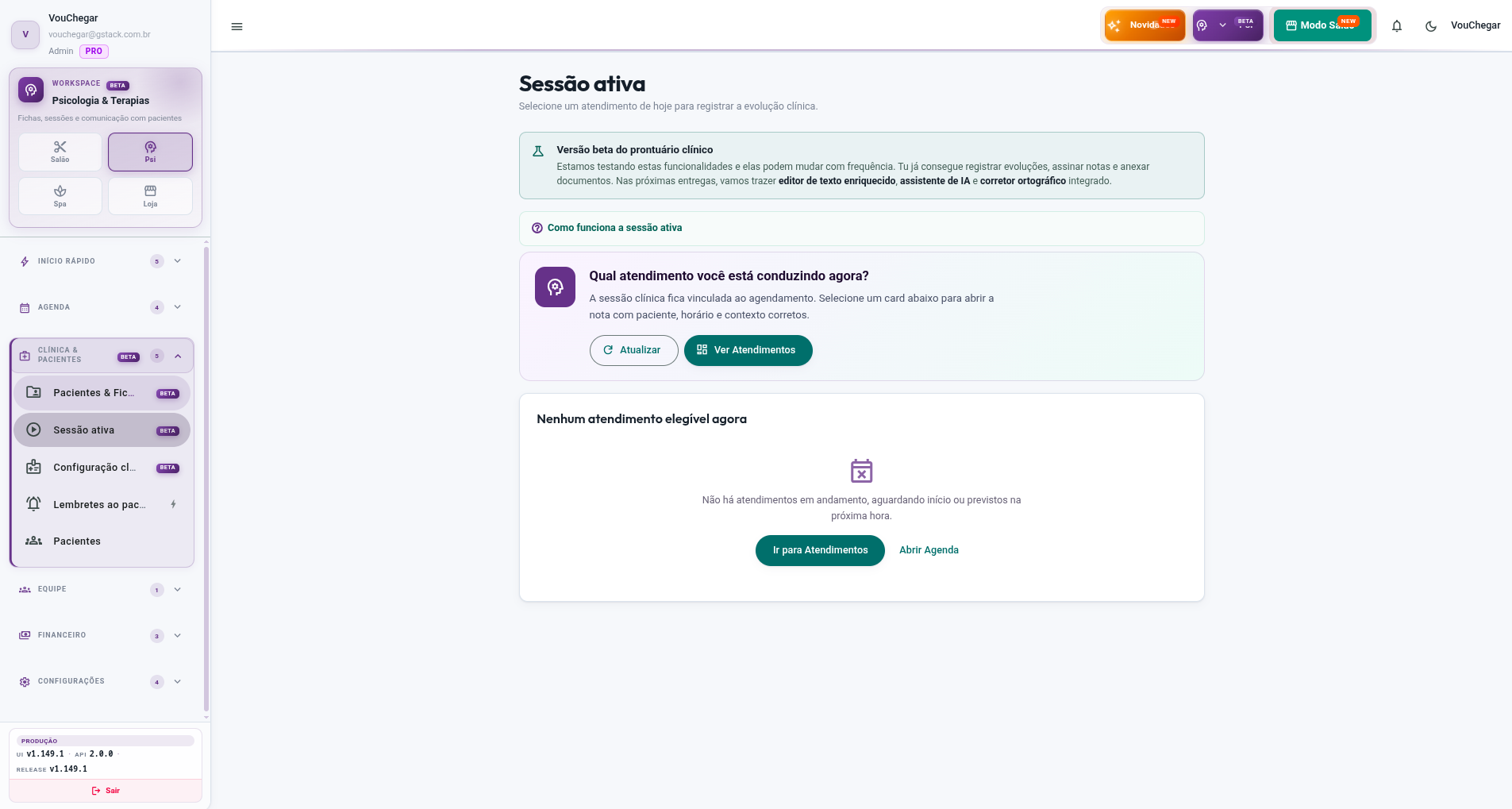 Tela de Sessão ativa no workspace Psicologia & Terapias do Admin VouChegar
